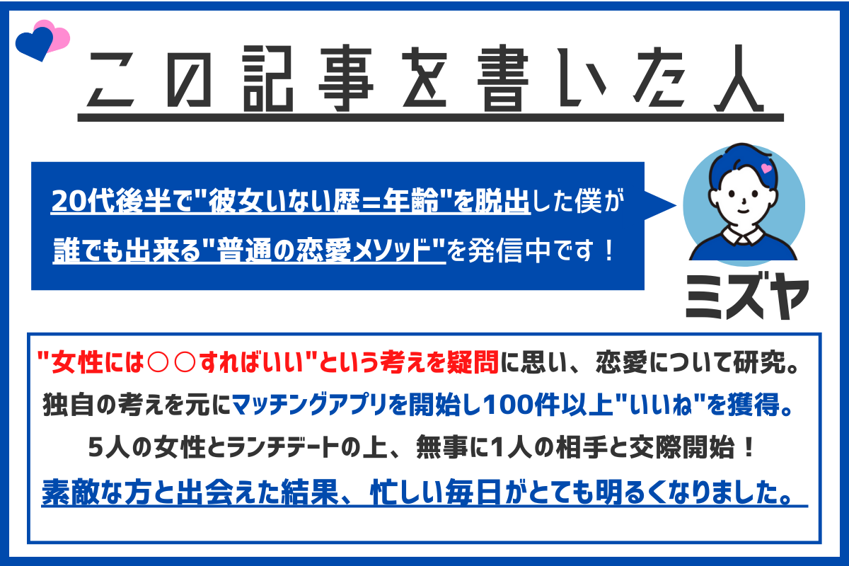 "女性相手は○○すべき"という考えを疑問に思い、男女の関係について、書籍や動画で独自に研究。マッチングアプリで100件以上の"いいね"を獲得し、数人とランチデートの上、1人の相手と交際開始。20代後半で"彼女いない歴=年齢"を脱出！