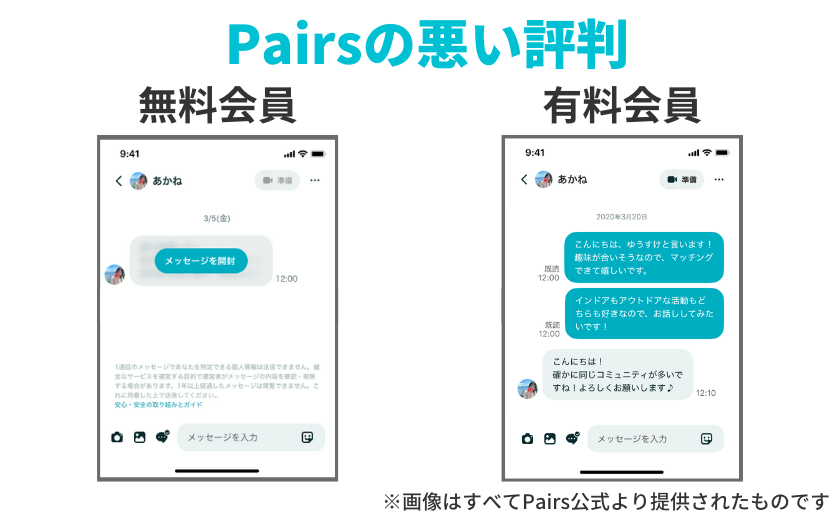 ペアーズ(Pairs)のメッセージの有料会員と無料会員の違い