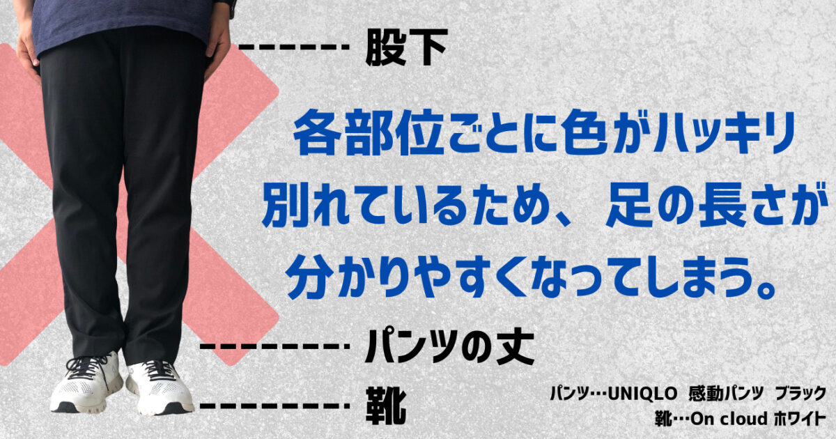 各部位ごとに色がハッキリ別れているため、足の長さが分かりやすくなってしまう。